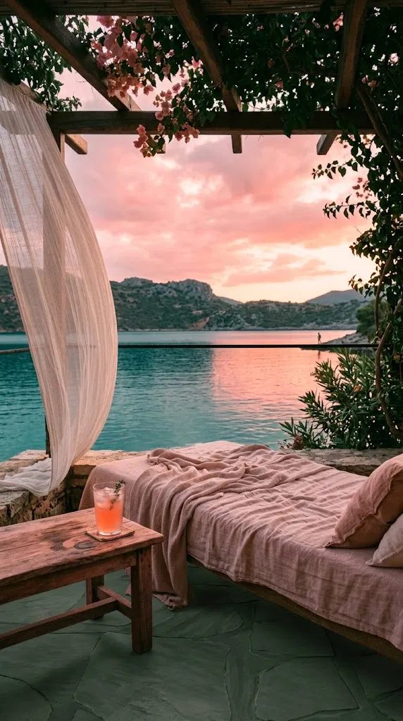 A quiet lake at sunset seen from a shaded terrace