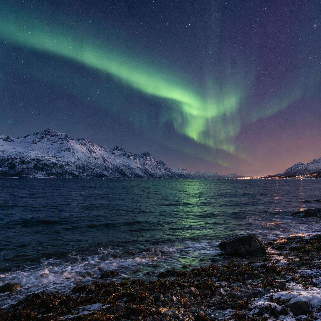 The northern lights over a fjord near Tromsø, snow on the mountains