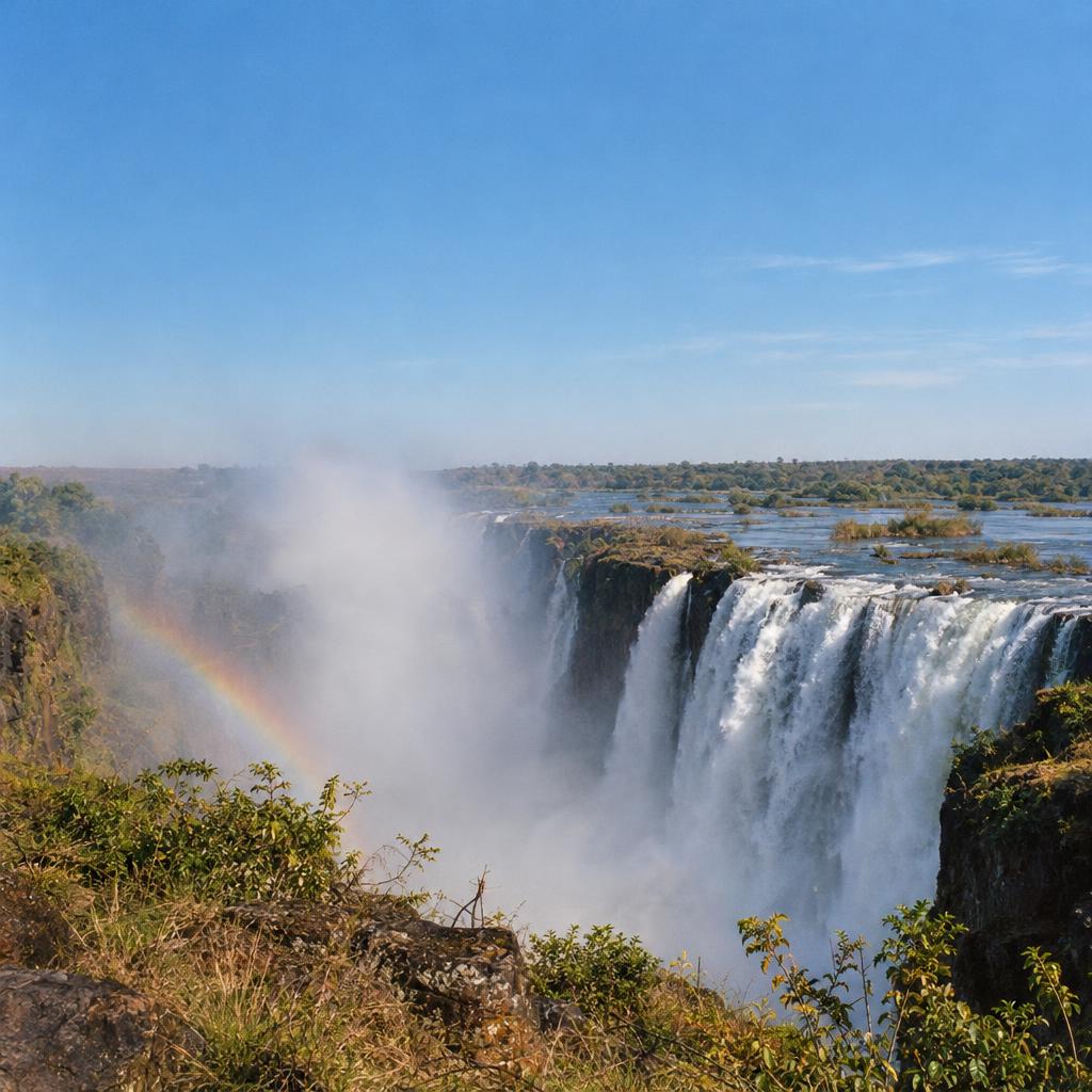 Victoria Falls in full flow, a rainbow in the spray below the lip