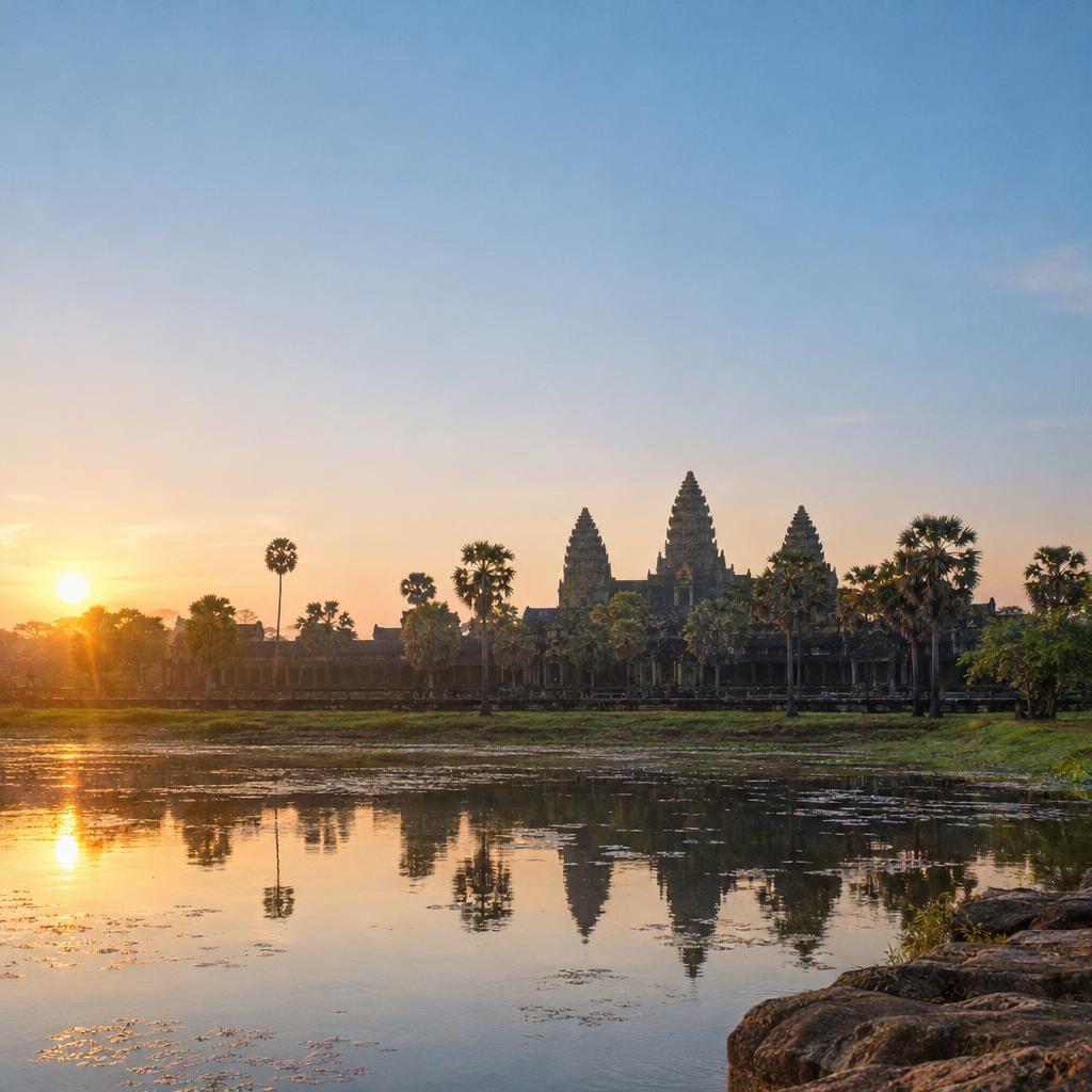 Angkor Wat at sunrise, reflected in the water before it